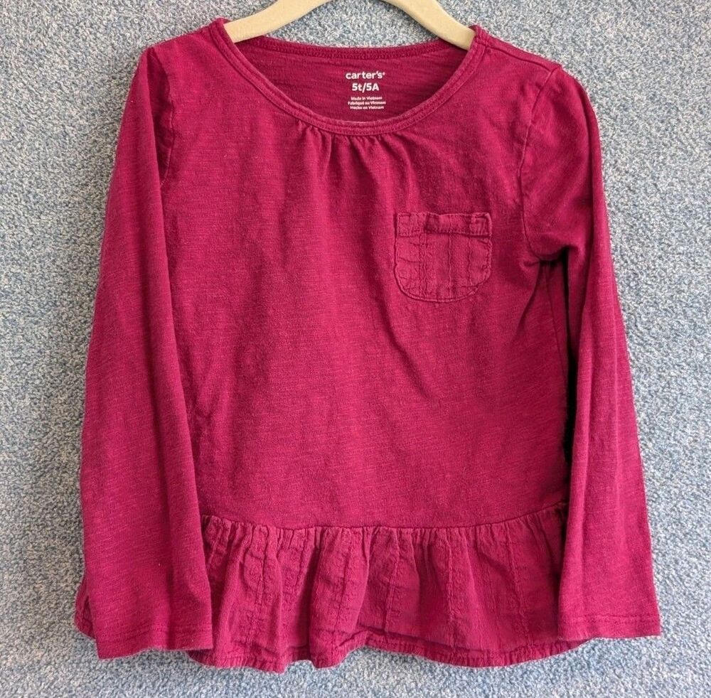 Carter's Size 5T Dark Pink Cotton Long Sleeve Ruffle Hem Pocket Shirt